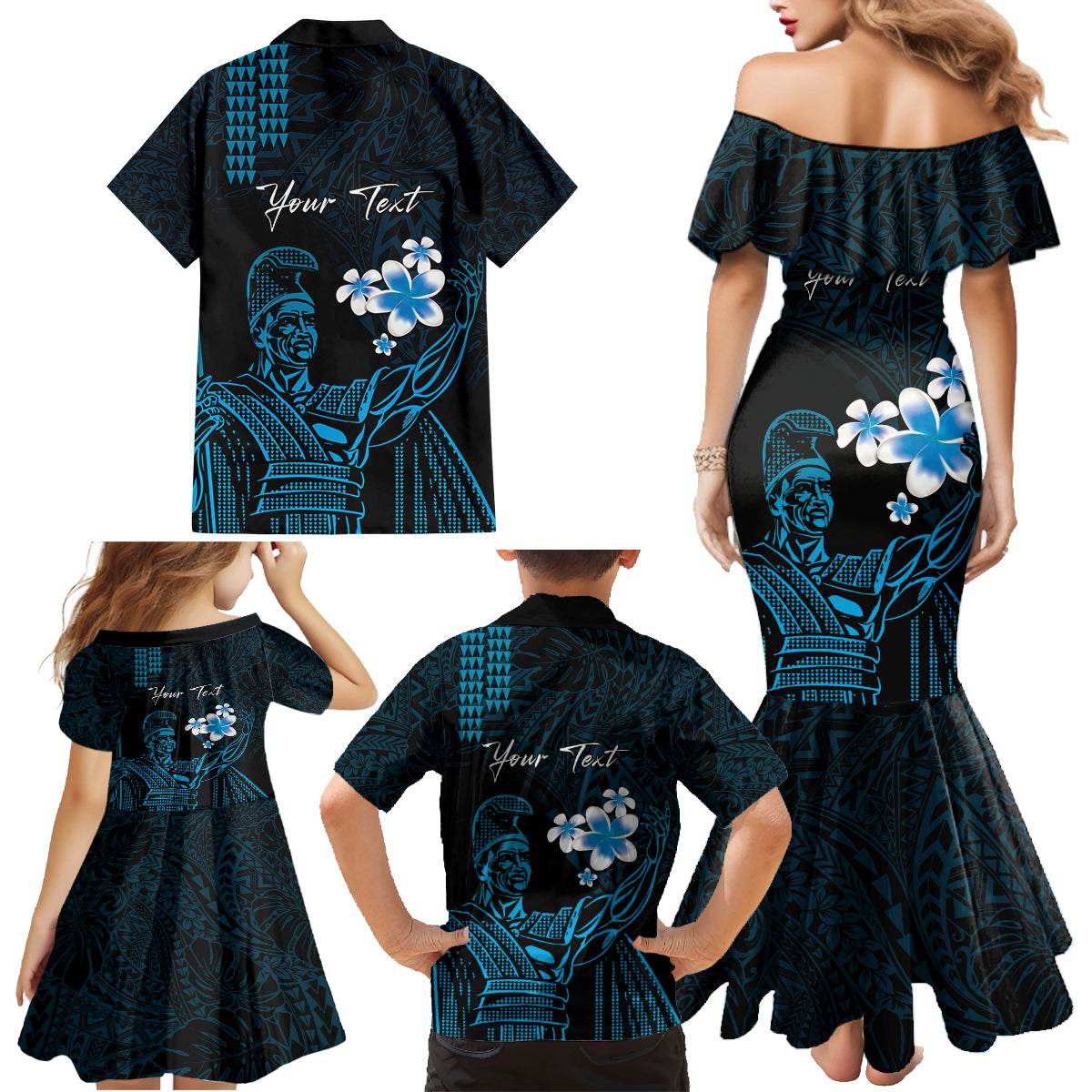 Personalised Hawaii King Kamehameha Day Family Matching Mermaid Dress and Hawaiian Shirt Plumeria With Kakau Pattern - Blue LT14 - Polynesian Pride
