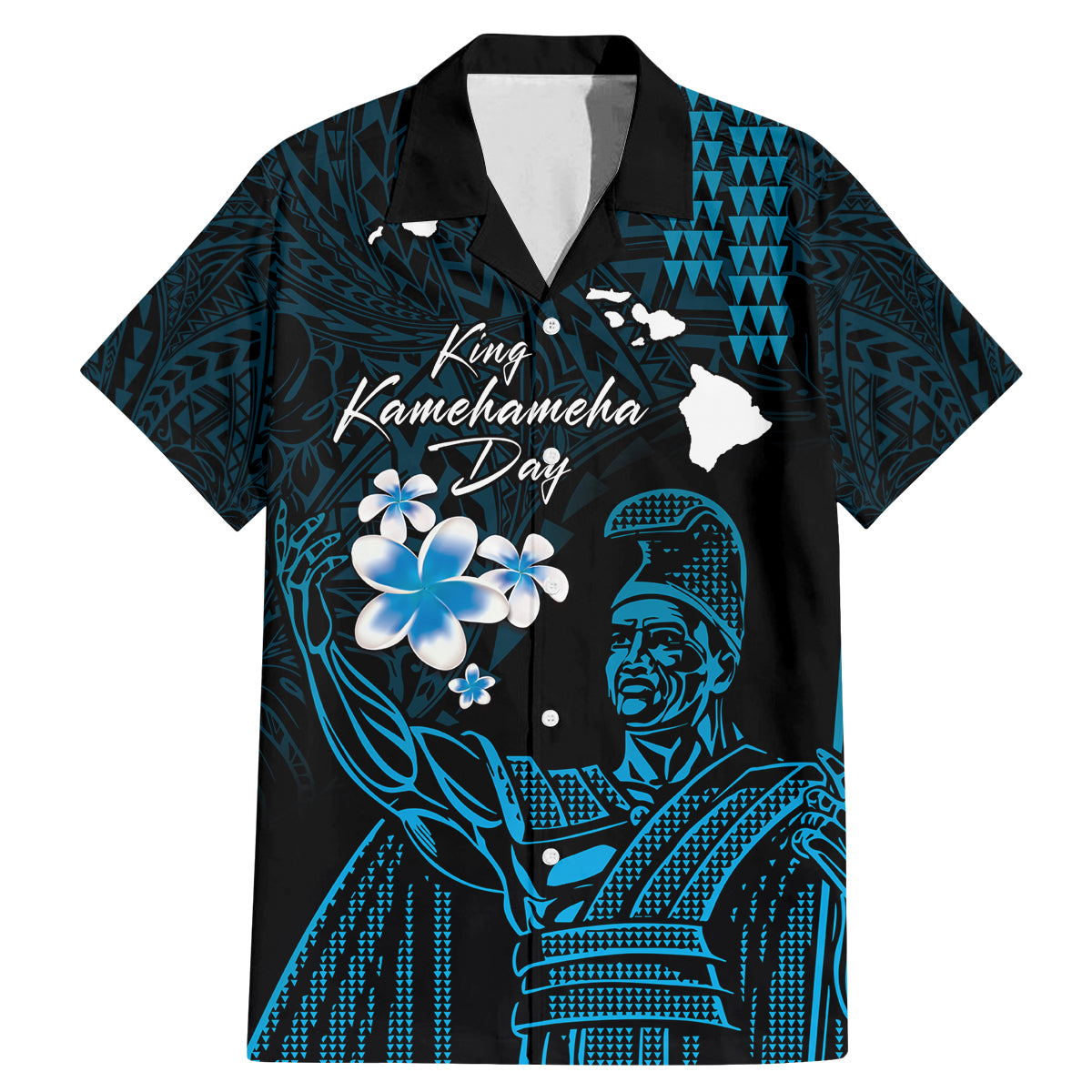 Personalised Hawaii King Kamehameha Day Family Matching Mermaid Dress and Hawaiian Shirt Plumeria With Kakau Pattern - Blue LT14 Dad's Shirt - Short Sleeve Blue - Polynesian Pride