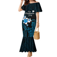 Personalised Hawaii King Kamehameha Day Family Matching Mermaid Dress and Hawaiian Shirt Plumeria With Kakau Pattern - Blue LT14 Mom's Dress Blue - Polynesian Pride