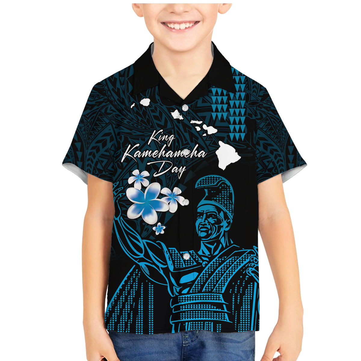Personalised Hawaii King Kamehameha Day Family Matching Mermaid Dress and Hawaiian Shirt Plumeria With Kakau Pattern - Blue LT14 Son's Shirt Blue - Polynesian Pride