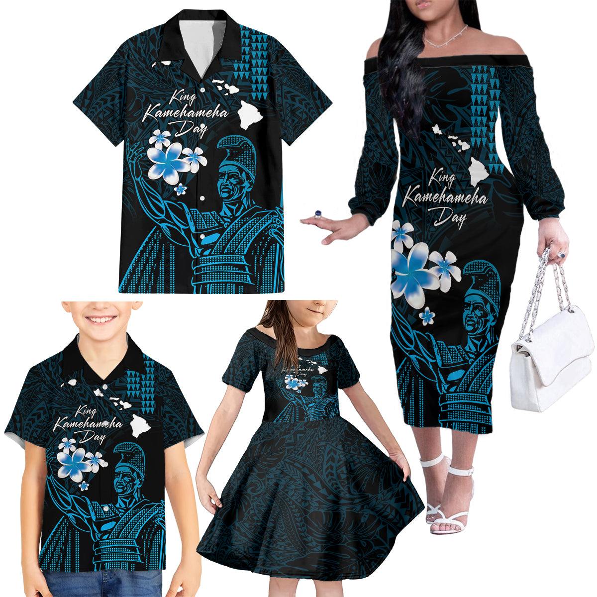 Personalised Hawaii King Kamehameha Day Family Matching Off The Shoulder Long Sleeve Dress and Hawaiian Shirt Plumeria With Kakau Pattern - Blue LT14 - Polynesian Pride
