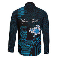 Personalised Hawaii King Kamehameha Day Family Matching Off The Shoulder Long Sleeve Dress and Hawaiian Shirt Plumeria With Kakau Pattern - Blue LT14 - Polynesian Pride