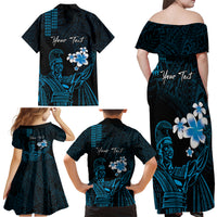 Personalised Hawaii King Kamehameha Day Family Matching Off Shoulder Maxi Dress and Hawaiian Shirt Plumeria With Kakau Pattern - Blue LT14 - Polynesian Pride