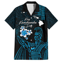Personalised Hawaii King Kamehameha Day Family Matching Off Shoulder Maxi Dress and Hawaiian Shirt Plumeria With Kakau Pattern - Blue LT14 Dad's Shirt - Short Sleeve Blue - Polynesian Pride