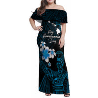 Personalised Hawaii King Kamehameha Day Family Matching Off Shoulder Maxi Dress and Hawaiian Shirt Plumeria With Kakau Pattern - Blue LT14 Mom's Dress Blue - Polynesian Pride