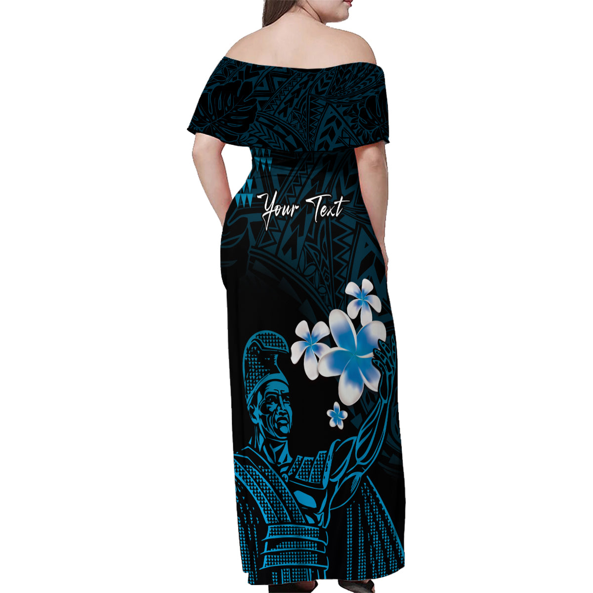 Personalised Hawaii King Kamehameha Day Family Matching Off Shoulder Maxi Dress and Hawaiian Shirt Plumeria With Kakau Pattern - Blue LT14 - Polynesian Pride