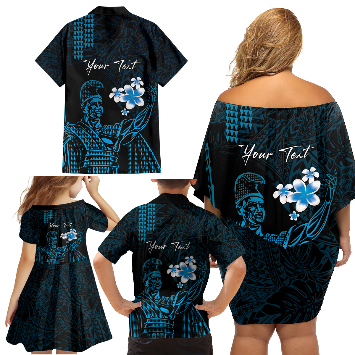 Personalised Hawaii King Kamehameha Day Family Matching Off Shoulder Short Dress and Hawaiian Shirt Plumeria With Kakau Pattern - Blue LT14 - Polynesian Pride
