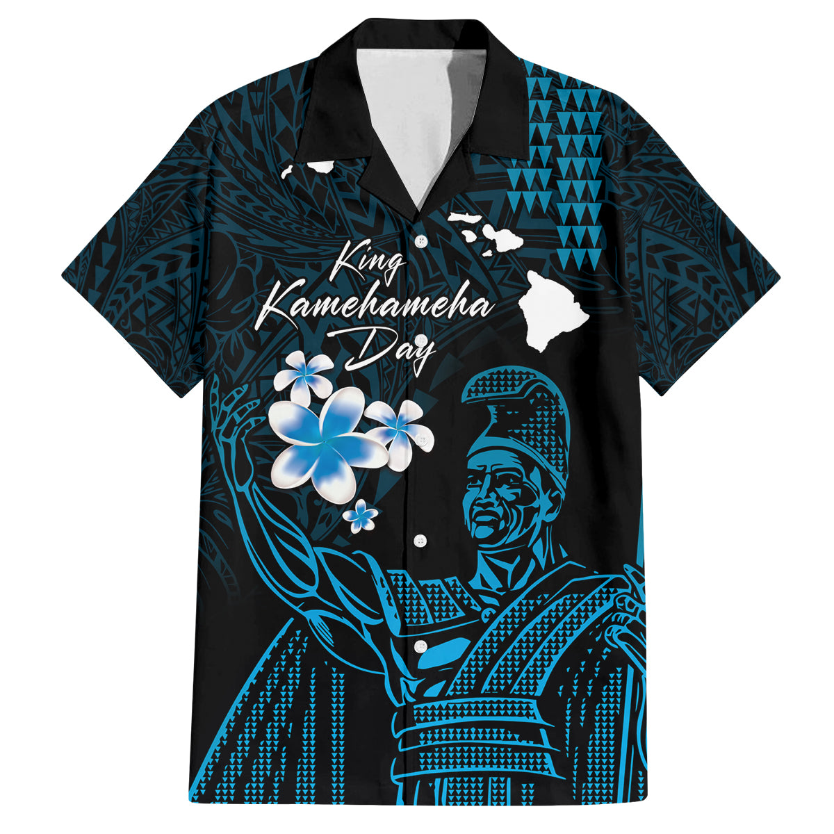 Personalised Hawaii King Kamehameha Day Family Matching Off Shoulder Short Dress and Hawaiian Shirt Plumeria With Kakau Pattern - Blue LT14 Dad's Shirt - Short Sleeve Blue - Polynesian Pride