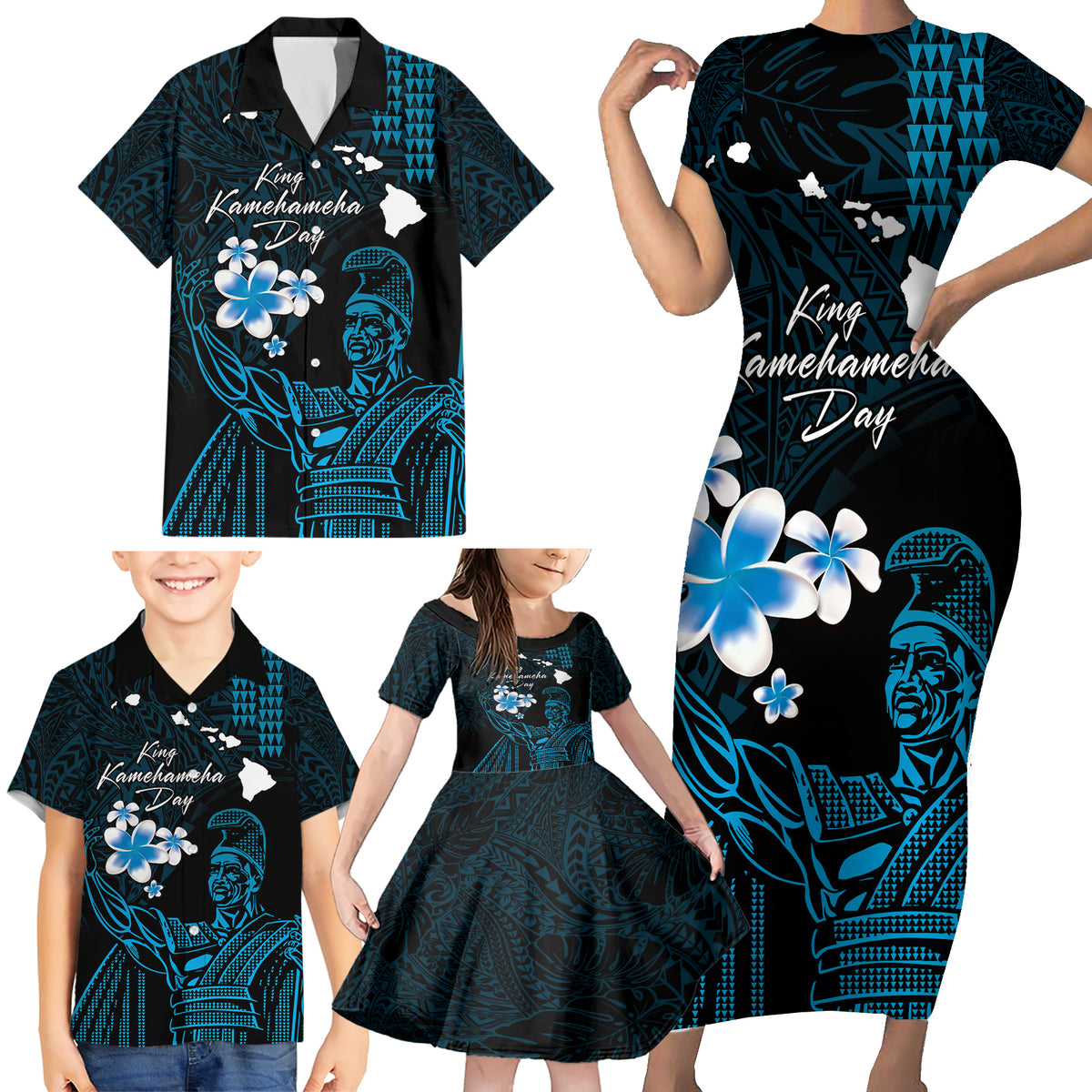 Personalised Hawaii King Kamehameha Day Family Matching Short Sleeve Bodycon Dress and Hawaiian Shirt Plumeria With Kakau Pattern - Blue LT14 - Polynesian Pride