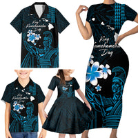 Personalised Hawaii King Kamehameha Day Family Matching Short Sleeve Bodycon Dress and Hawaiian Shirt Plumeria With Kakau Pattern - Blue LT14 - Polynesian Pride