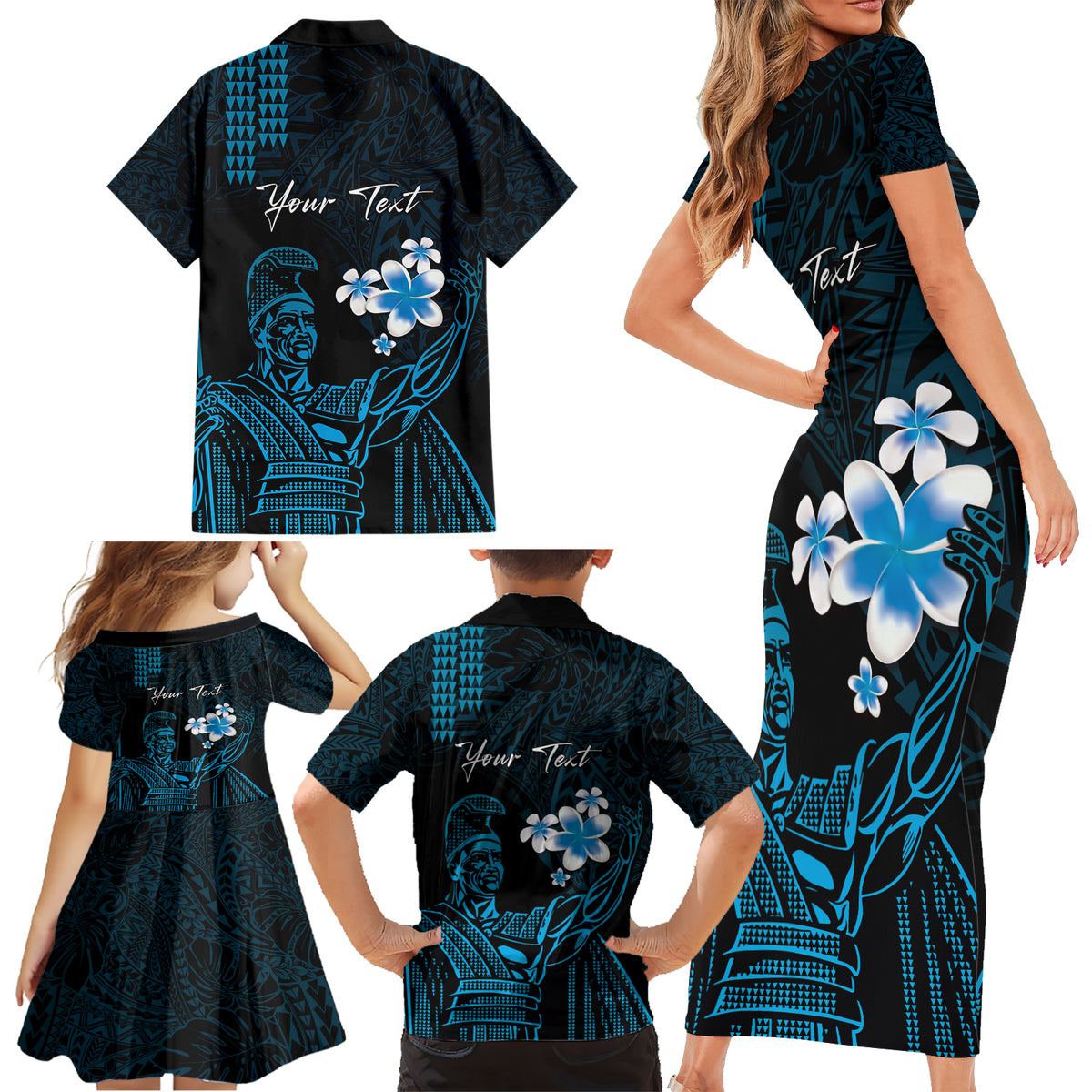 Personalised Hawaii King Kamehameha Day Family Matching Short Sleeve Bodycon Dress and Hawaiian Shirt Plumeria With Kakau Pattern - Blue LT14 - Polynesian Pride
