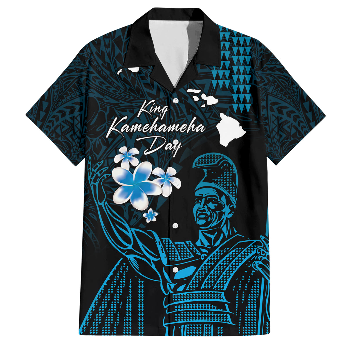 Personalised Hawaii King Kamehameha Day Family Matching Short Sleeve Bodycon Dress and Hawaiian Shirt Plumeria With Kakau Pattern - Blue LT14 Dad's Shirt - Short Sleeve Blue - Polynesian Pride