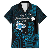 Personalised Hawaii King Kamehameha Day Family Matching Short Sleeve Bodycon Dress and Hawaiian Shirt Plumeria With Kakau Pattern - Blue LT14 Dad's Shirt - Short Sleeve Blue - Polynesian Pride