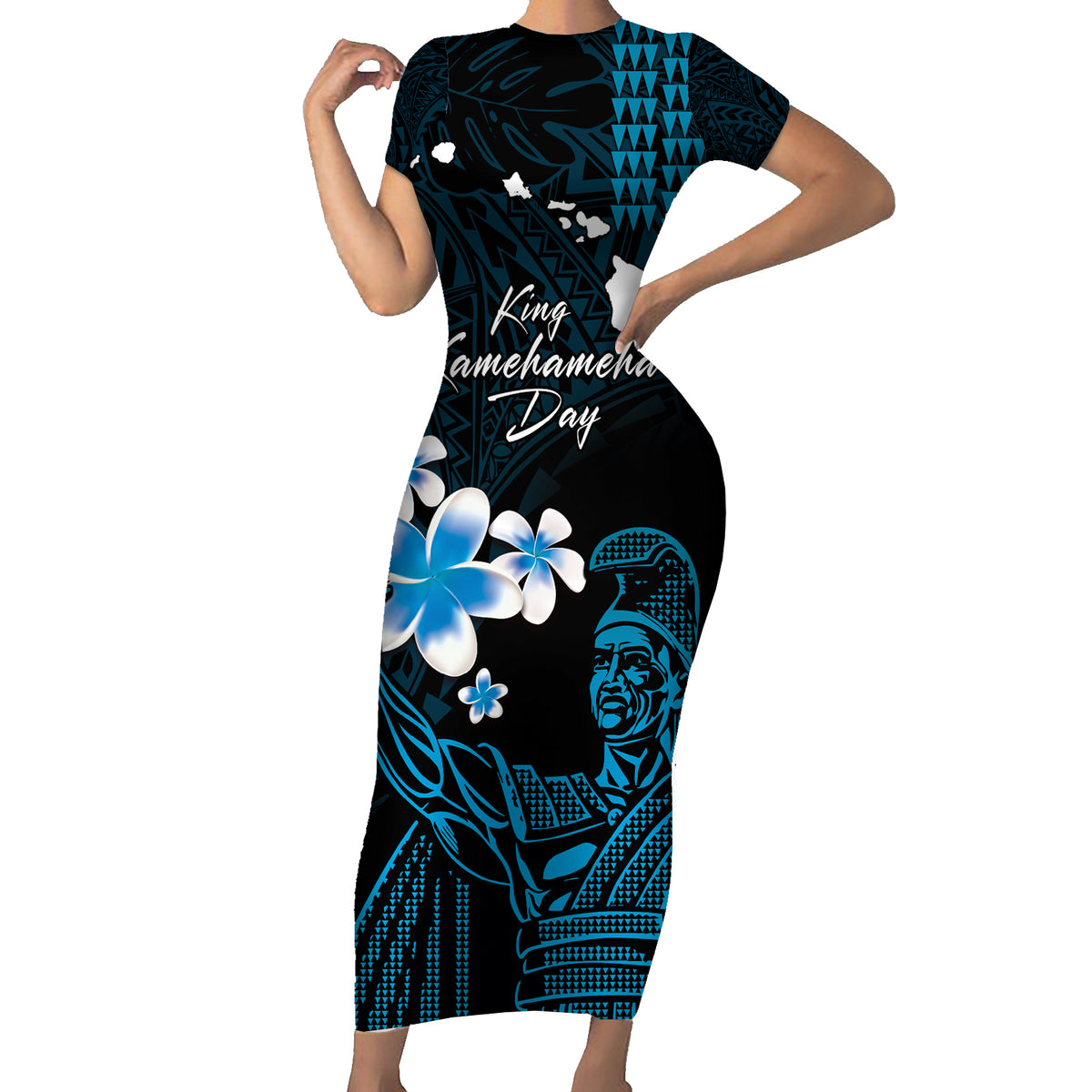 Personalised Hawaii King Kamehameha Day Family Matching Short Sleeve Bodycon Dress and Hawaiian Shirt Plumeria With Kakau Pattern - Blue LT14 Mom's Dress Blue - Polynesian Pride