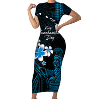 Personalised Hawaii King Kamehameha Day Family Matching Short Sleeve Bodycon Dress and Hawaiian Shirt Plumeria With Kakau Pattern - Blue LT14 Mom's Dress Blue - Polynesian Pride