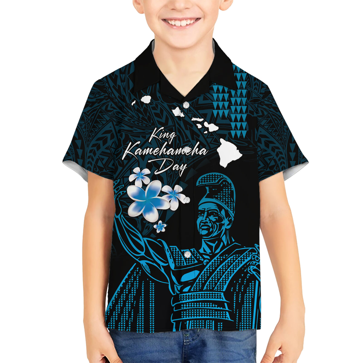 Personalised Hawaii King Kamehameha Day Family Matching Short Sleeve Bodycon Dress and Hawaiian Shirt Plumeria With Kakau Pattern - Blue LT14 Son's Shirt Blue - Polynesian Pride