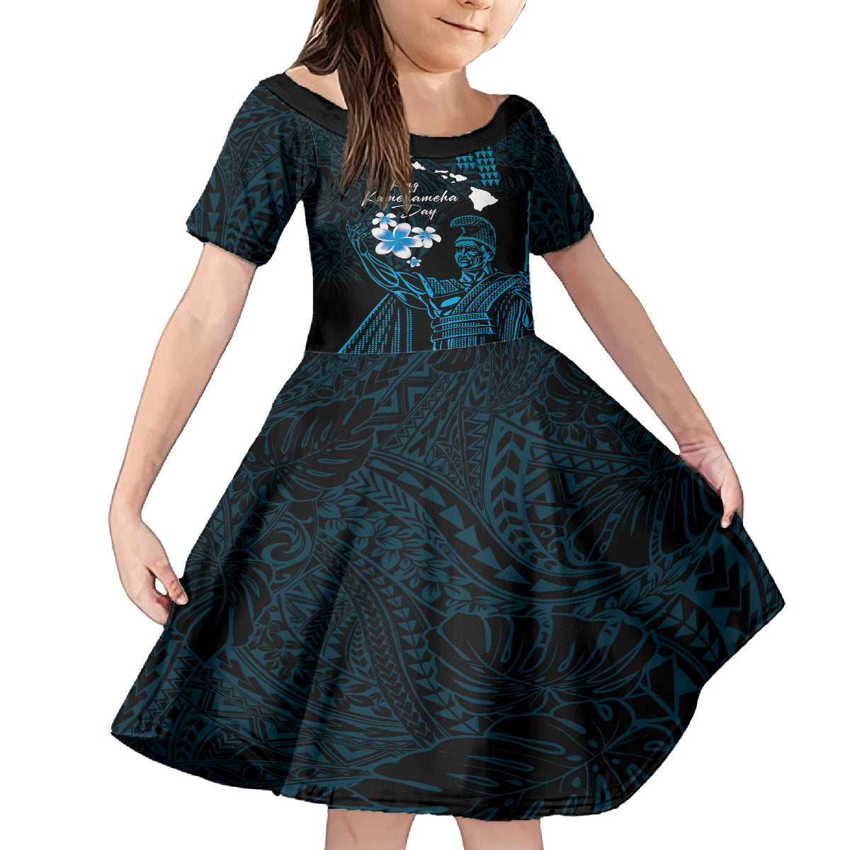 Personalised Hawaii King Kamehameha Day Family Matching Summer Maxi Dress and Hawaiian Shirt Plumeria With Kakau Pattern - Blue LT14 Daughter's Dress Blue - Polynesian Pride
