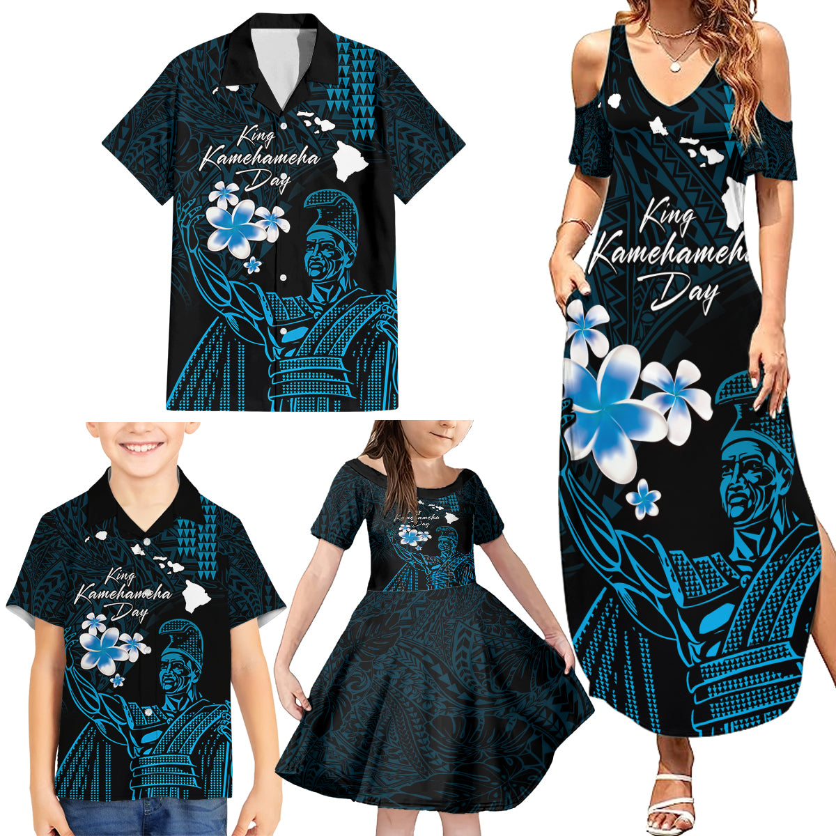 Personalised Hawaii King Kamehameha Day Family Matching Summer Maxi Dress and Hawaiian Shirt Plumeria With Kakau Pattern - Blue LT14 - Polynesian Pride