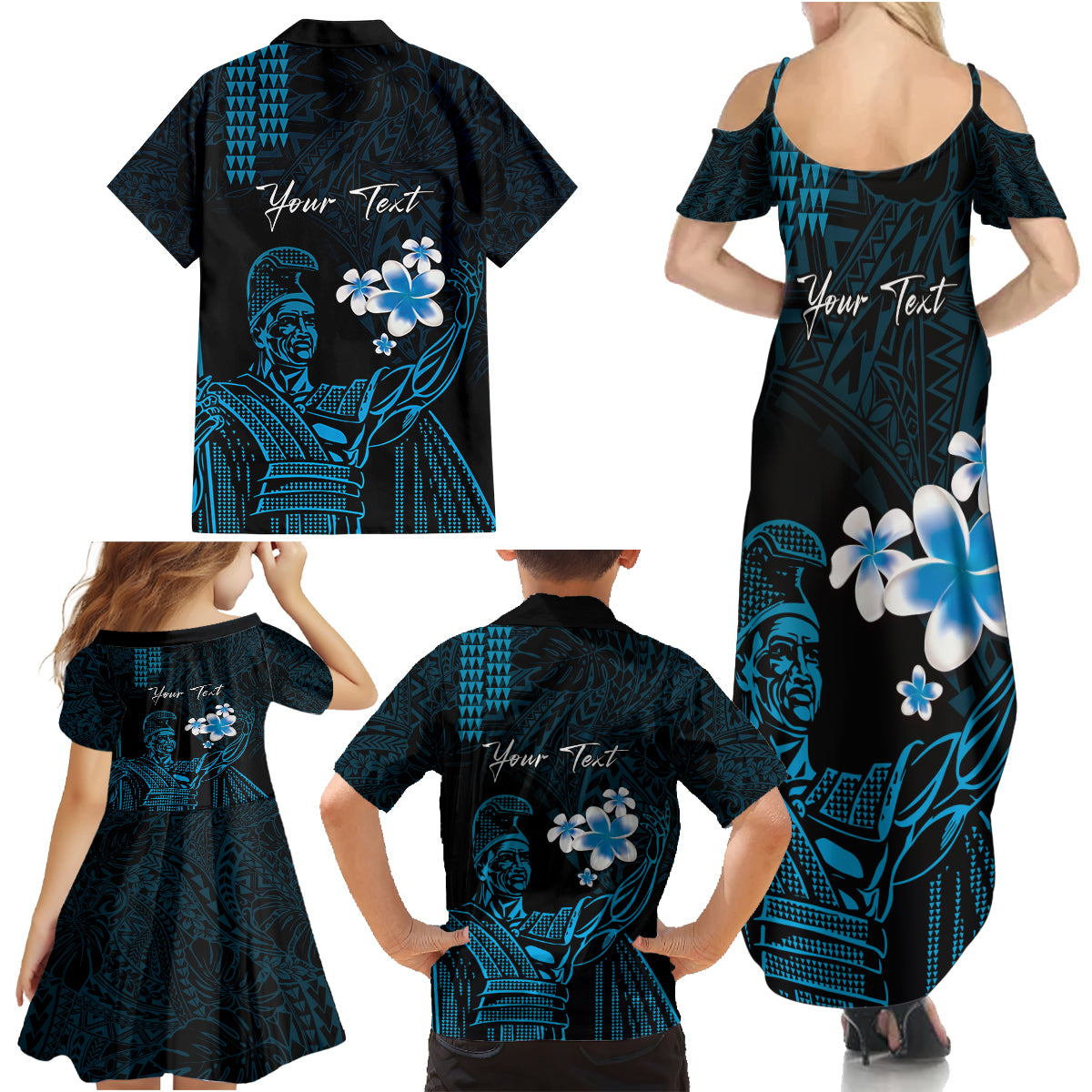 Personalised Hawaii King Kamehameha Day Family Matching Summer Maxi Dress and Hawaiian Shirt Plumeria With Kakau Pattern - Blue LT14 - Polynesian Pride