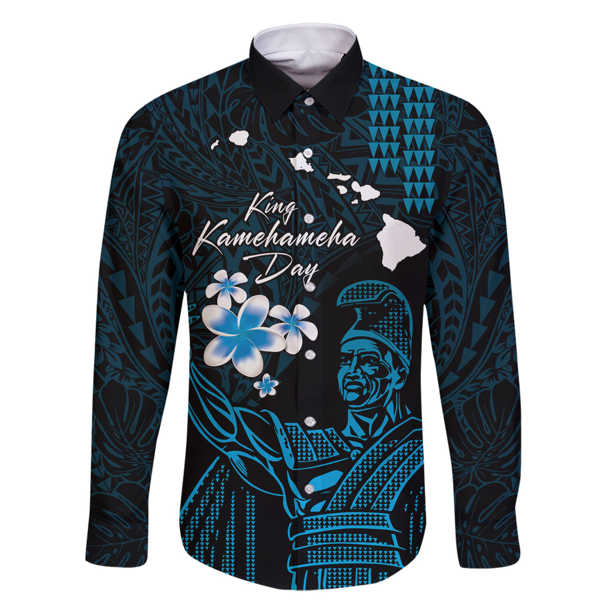 Personalised Hawaii King Kamehameha Day Family Matching Summer Maxi Dress and Hawaiian Shirt Plumeria With Kakau Pattern - Blue LT14 Dad's Shirt - Long Sleeve Blue - Polynesian Pride