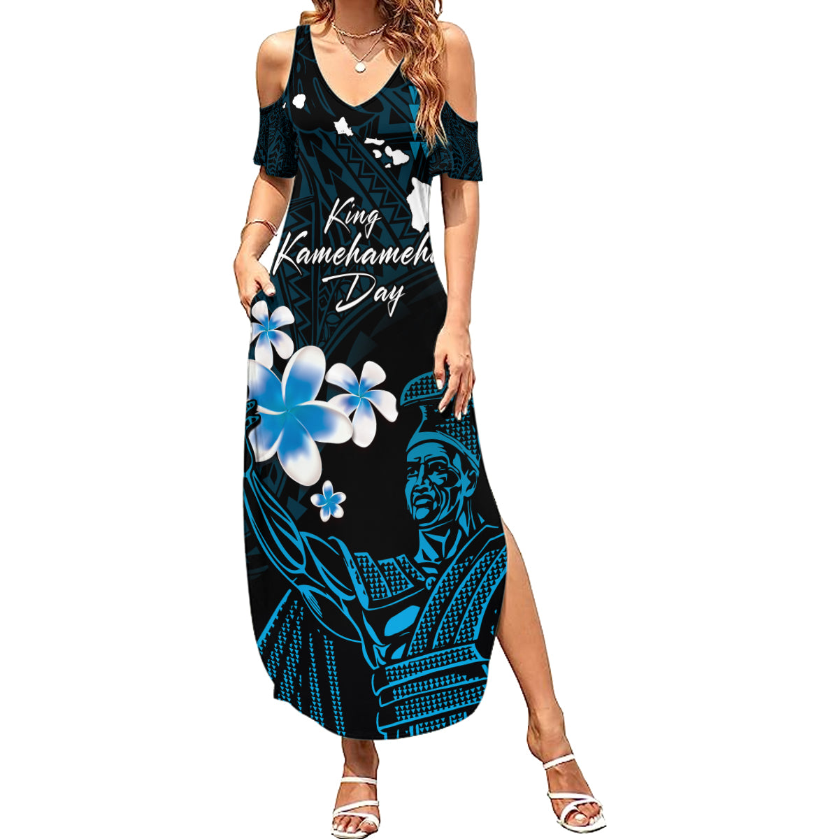 Personalised Hawaii King Kamehameha Day Family Matching Summer Maxi Dress and Hawaiian Shirt Plumeria With Kakau Pattern - Blue LT14 Mom's Dress Blue - Polynesian Pride
