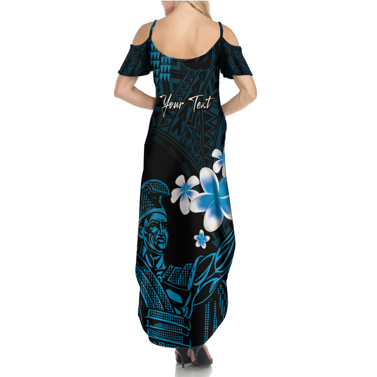 Personalised Hawaii King Kamehameha Day Family Matching Summer Maxi Dress and Hawaiian Shirt Plumeria With Kakau Pattern - Blue LT14 - Polynesian Pride