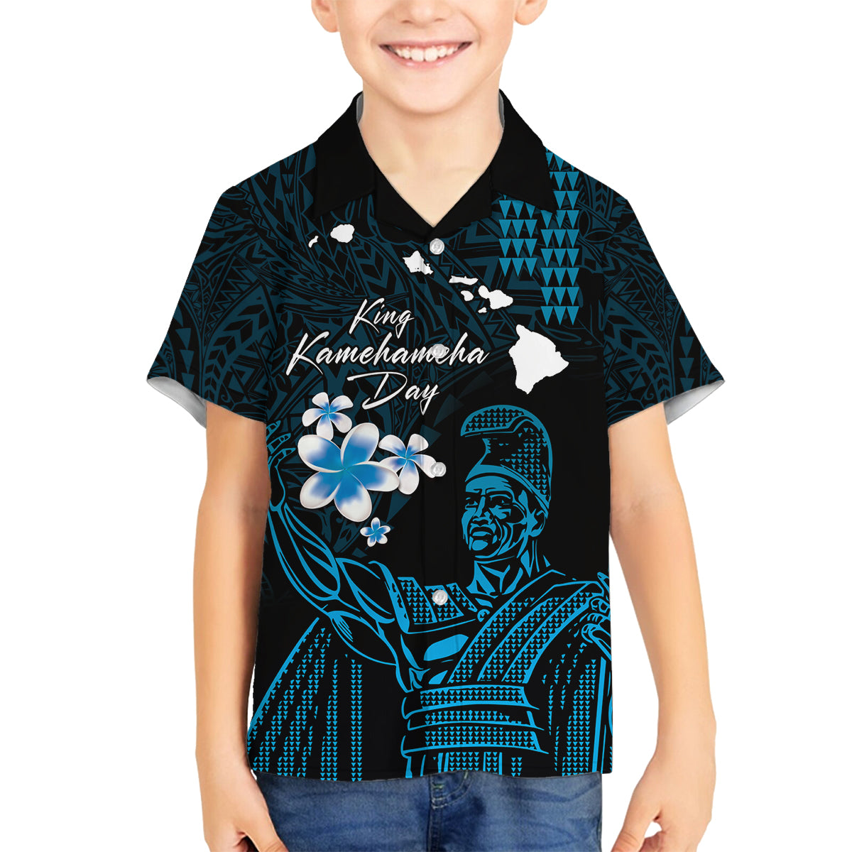 Personalised Hawaii King Kamehameha Day Family Matching Summer Maxi Dress and Hawaiian Shirt Plumeria With Kakau Pattern - Blue LT14 Son's Shirt Blue - Polynesian Pride