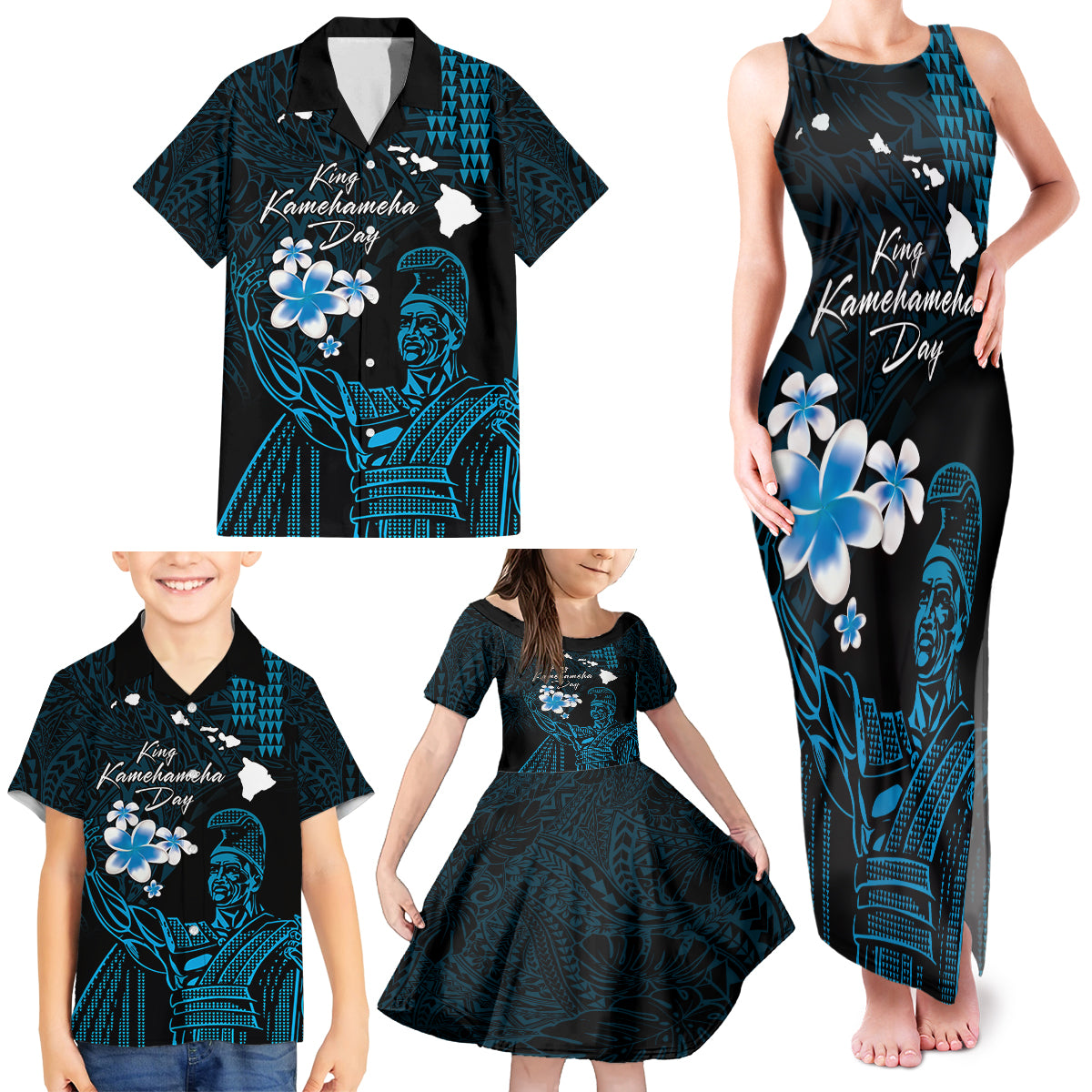 Personalised Hawaii King Kamehameha Day Family Matching Tank Maxi Dress and Hawaiian Shirt Plumeria With Kakau Pattern - Blue LT14 - Polynesian Pride