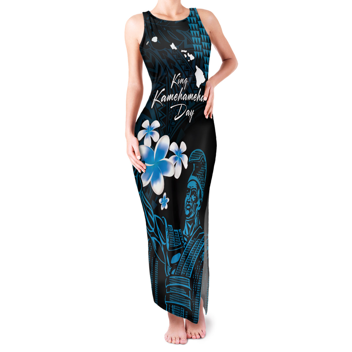 Personalised Hawaii King Kamehameha Day Family Matching Tank Maxi Dress and Hawaiian Shirt Plumeria With Kakau Pattern - Blue LT14 Mom's Dress Blue - Polynesian Pride