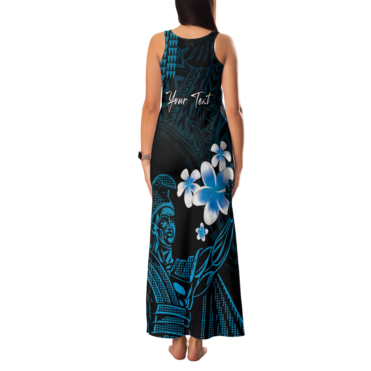 Personalised Hawaii King Kamehameha Day Family Matching Tank Maxi Dress and Hawaiian Shirt Plumeria With Kakau Pattern - Blue LT14 - Polynesian Pride