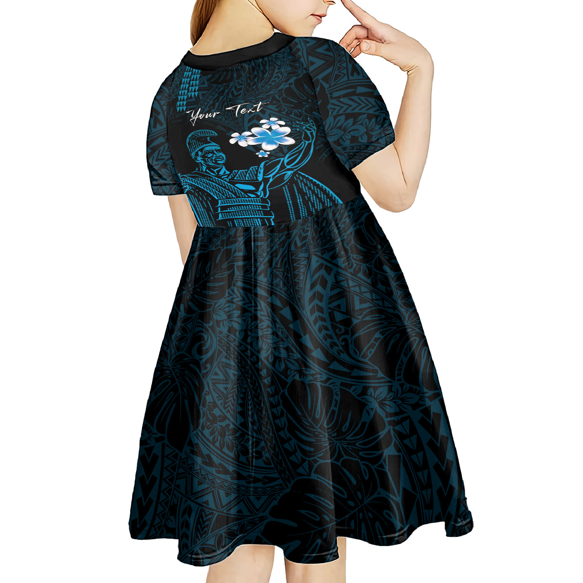 Personalised Hawaii King Kamehameha Day Kid Short Sleeve Dress Plumeria With Kakau Pattern - Blue