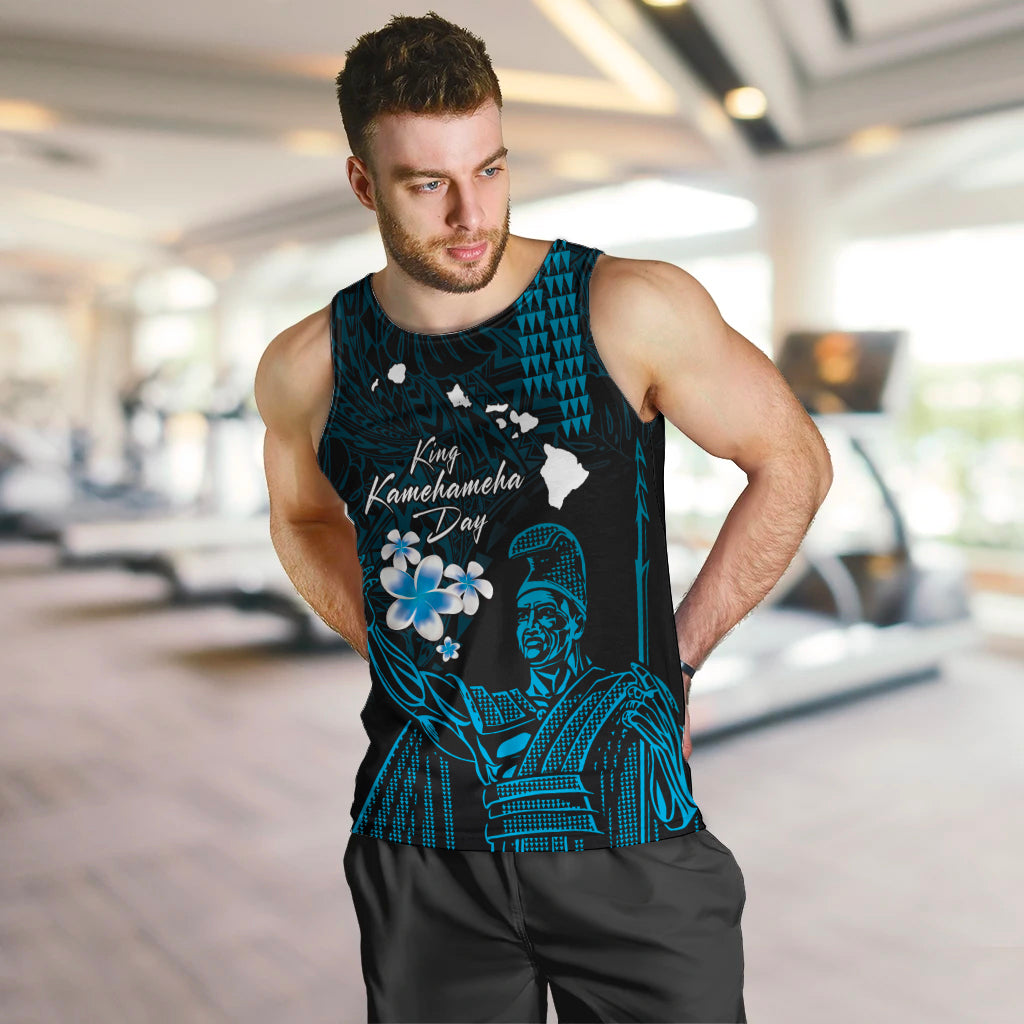 Personalised Hawaii King Kamehameha Day Men Tank Top Plumeria With Kakau Pattern - Blue LT14 Blue - Polynesian Pride