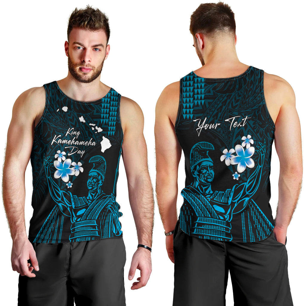 Personalised Hawaii King Kamehameha Day Men Tank Top Plumeria With Kakau Pattern - Blue LT14 - Polynesian Pride