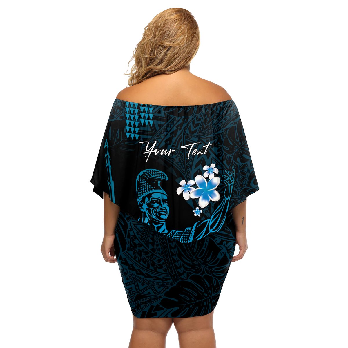 Personalised Hawaii King Kamehameha Day Off Shoulder Short Dress Plumeria With Kakau Pattern - Blue