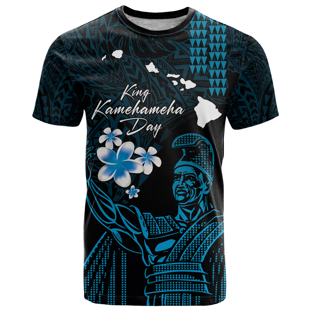 Personalised Hawaii King Kamehameha Day T Shirt Plumeria With Kakau Pattern - Blue LT14 Blue - Polynesian Pride