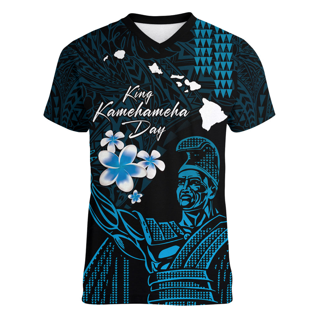 Personalised Hawaii King Kamehameha Day Women V Neck T Shirt Plumeria With Kakau Pattern - Blue