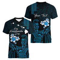 Personalised Hawaii King Kamehameha Day Women V Neck T Shirt Plumeria With Kakau Pattern - Blue