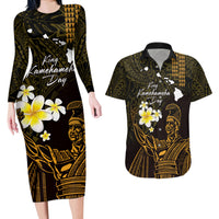 Personalised Hawaii King Kamehameha Day Couples Matching Long Sleeve Bodycon Dress and Hawaiian Shirt Plumeria With Kakau Pattern - Gold LT14 Gold - Polynesian Pride