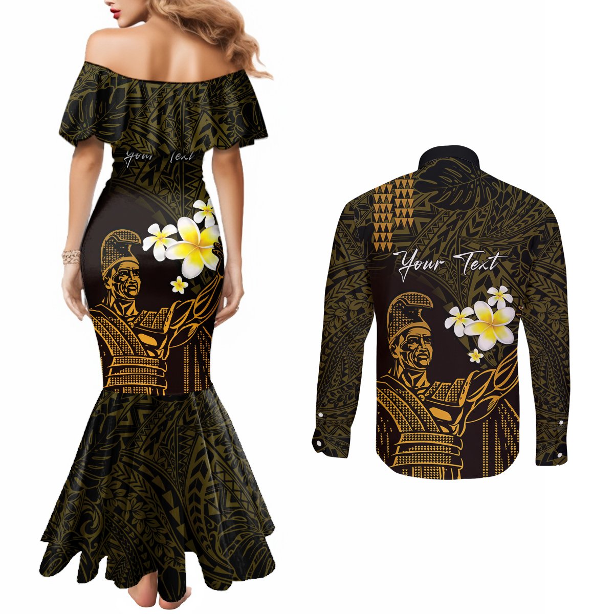 Personalised Hawaii King Kamehameha Day Couples Matching Mermaid Dress and Long Sleeve Button Shirt Plumeria With Kakau Pattern - Gold