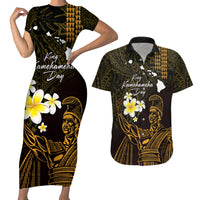 Personalised Hawaii King Kamehameha Day Couples Matching Short Sleeve Bodycon Dress and Hawaiian Shirt Plumeria With Kakau Pattern - Gold LT14 Gold - Polynesian Pride
