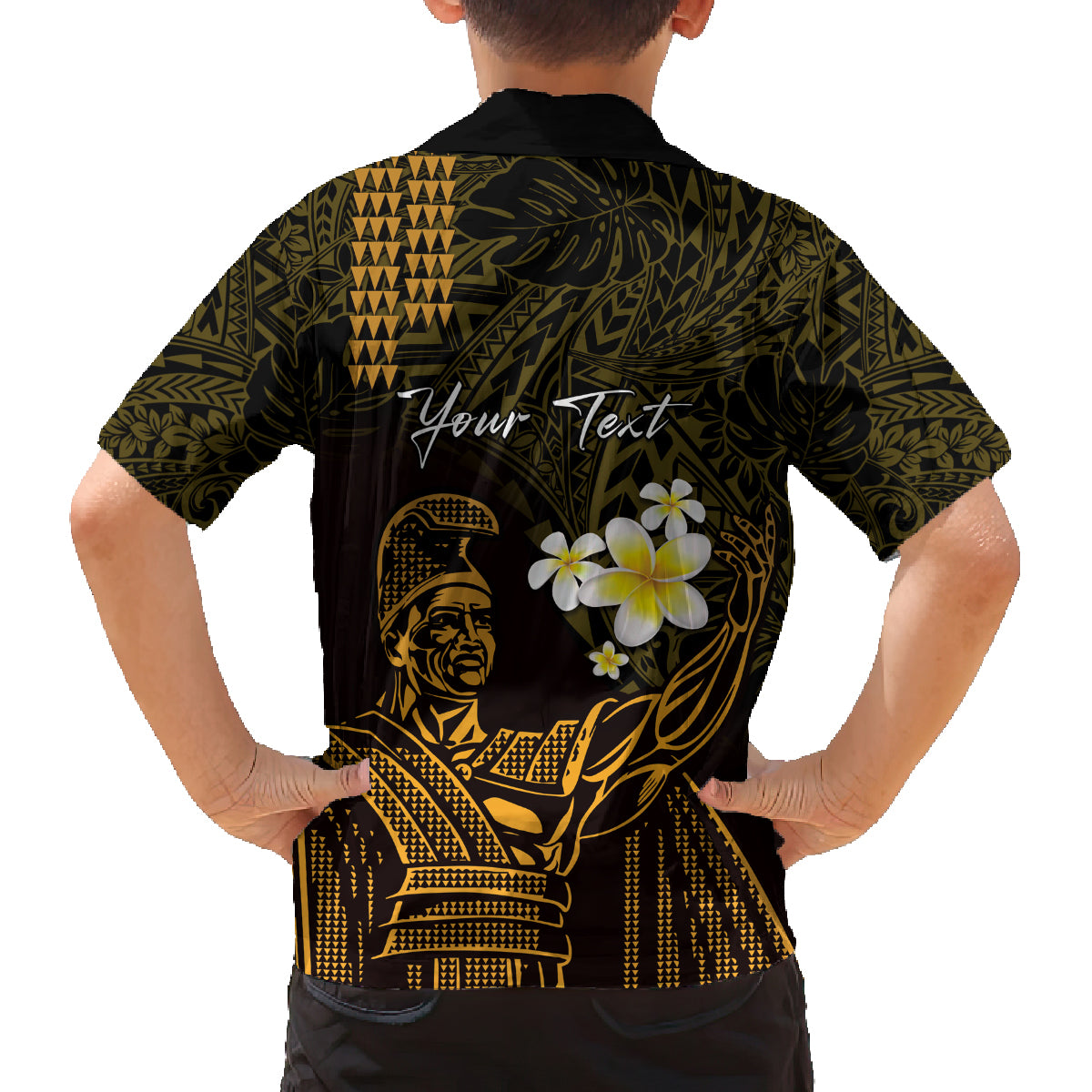 Personalised Hawaii King Kamehameha Day Family Matching Long Sleeve Bodycon Dress and Hawaiian Shirt Plumeria With Kakau Pattern - Gold LT14 - Polynesian Pride