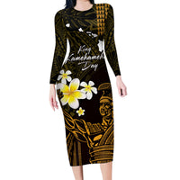 Personalised Hawaii King Kamehameha Day Family Matching Long Sleeve Bodycon Dress and Hawaiian Shirt Plumeria With Kakau Pattern - Gold LT14 Mom's Dress Gold - Polynesian Pride