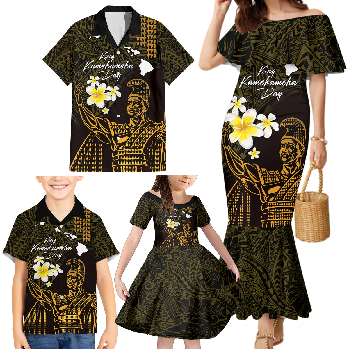 Personalised Hawaii King Kamehameha Day Family Matching Mermaid Dress and Hawaiian Shirt Plumeria With Kakau Pattern - Gold LT14 - Polynesian Pride