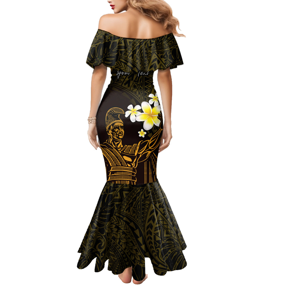 Personalised Hawaii King Kamehameha Day Family Matching Mermaid Dress and Hawaiian Shirt Plumeria With Kakau Pattern - Gold LT14 - Polynesian Pride