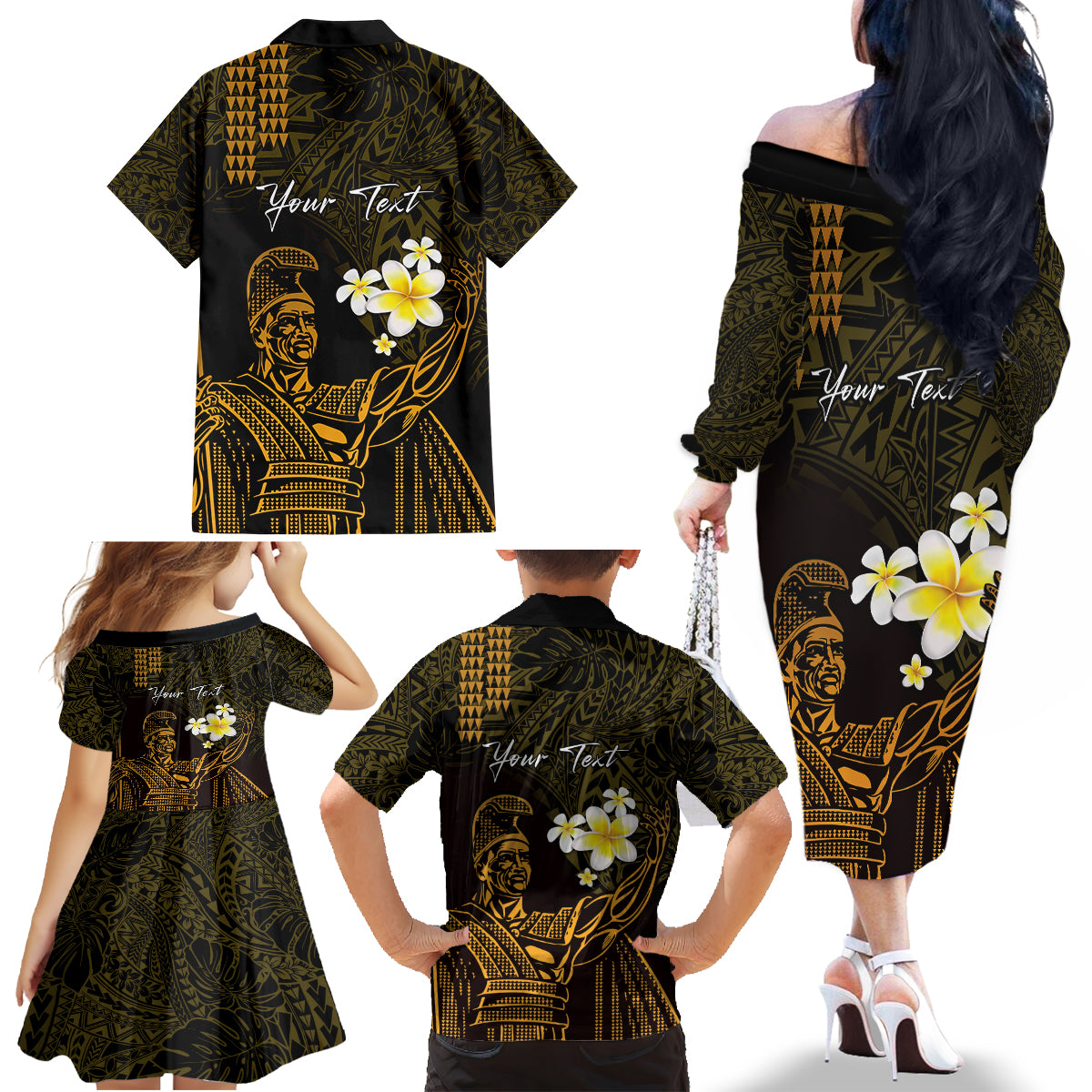 Personalised Hawaii King Kamehameha Day Family Matching Off The Shoulder Long Sleeve Dress and Hawaiian Shirt Plumeria With Kakau Pattern - Gold LT14 - Polynesian Pride