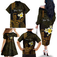 Personalised Hawaii King Kamehameha Day Family Matching Off The Shoulder Long Sleeve Dress and Hawaiian Shirt Plumeria With Kakau Pattern - Gold LT14 - Polynesian Pride