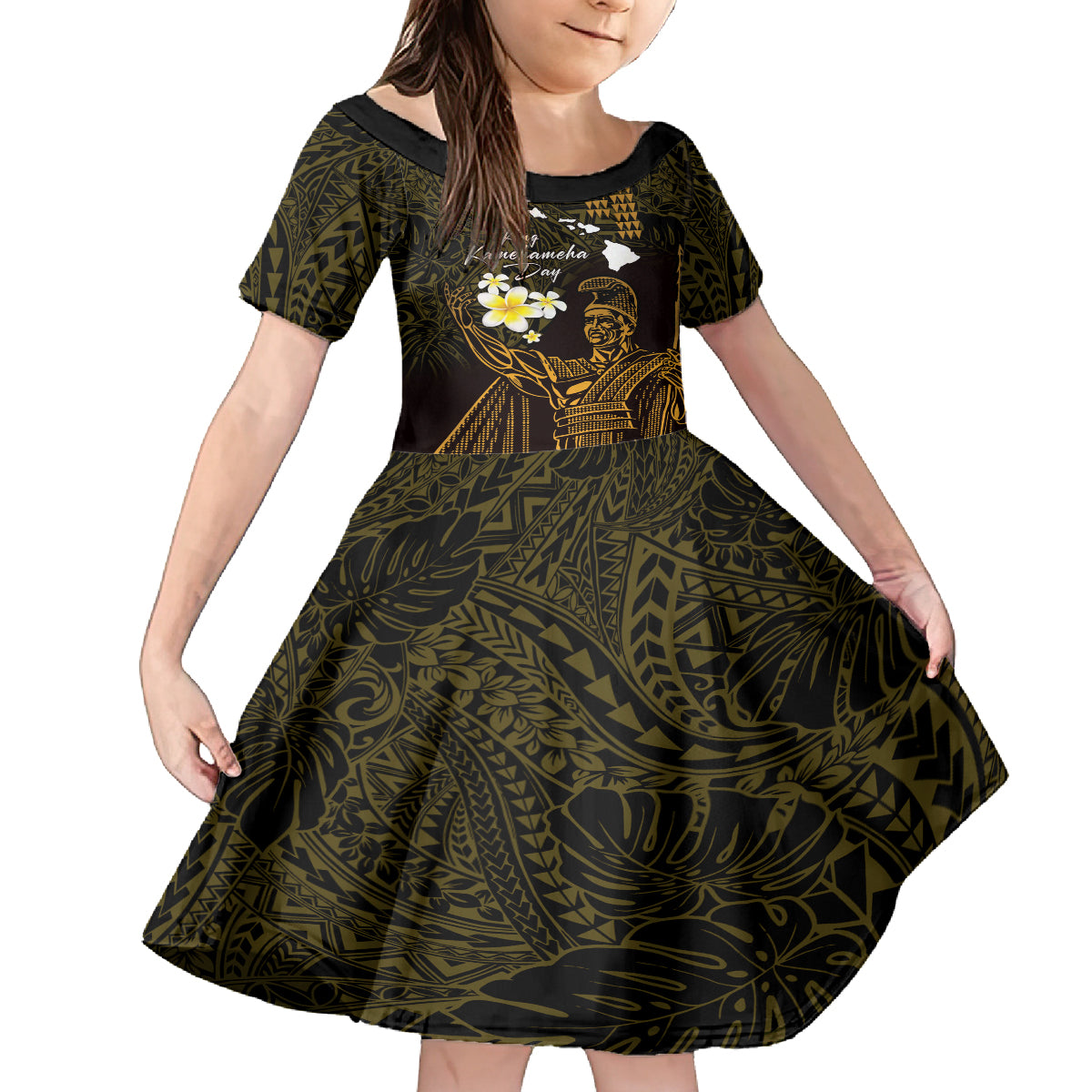 Personalised Hawaii King Kamehameha Day Family Matching Off Shoulder Maxi Dress and Hawaiian Shirt Plumeria With Kakau Pattern - Gold LT14 Daughter's Dress Gold - Polynesian Pride