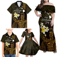 Personalised Hawaii King Kamehameha Day Family Matching Off Shoulder Maxi Dress and Hawaiian Shirt Plumeria With Kakau Pattern - Gold LT14 - Polynesian Pride