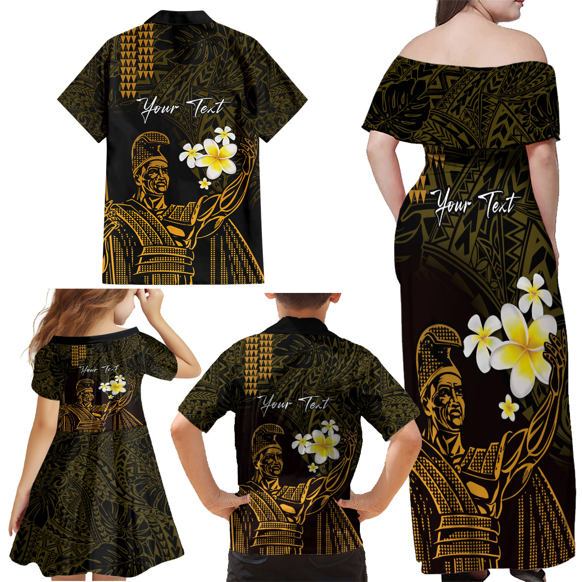 Personalised Hawaii King Kamehameha Day Family Matching Off Shoulder Maxi Dress and Hawaiian Shirt Plumeria With Kakau Pattern - Gold LT14 - Polynesian Pride