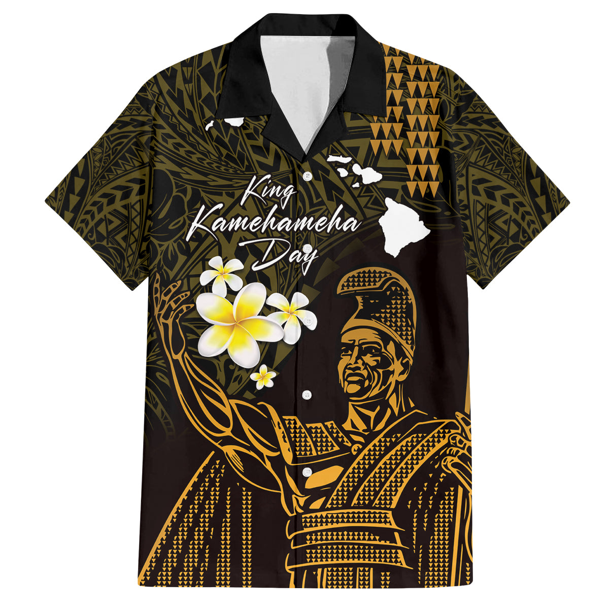 Personalised Hawaii King Kamehameha Day Family Matching Off Shoulder Maxi Dress and Hawaiian Shirt Plumeria With Kakau Pattern - Gold LT14 Dad's Shirt - Short Sleeve Gold - Polynesian Pride